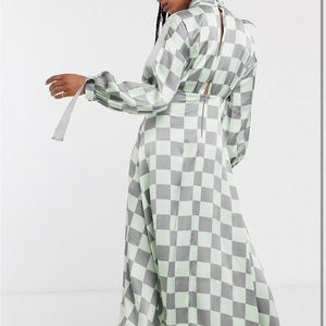 ASOS design ruched satin midi dress with herringbone tape checkered print